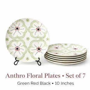Anthro Floral Plates Set 7 Green Red 10”